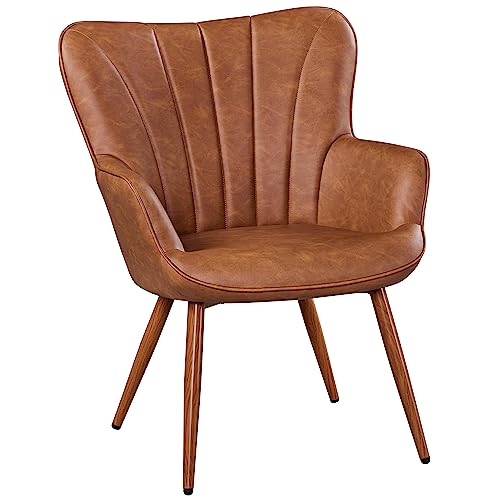 Yaheetech PU Leather Armchair, Modern Accent Chair with Metal Legs, Comfy Upholstered Barrel Chair for Living Room Bedroom Vanity Room, Brown