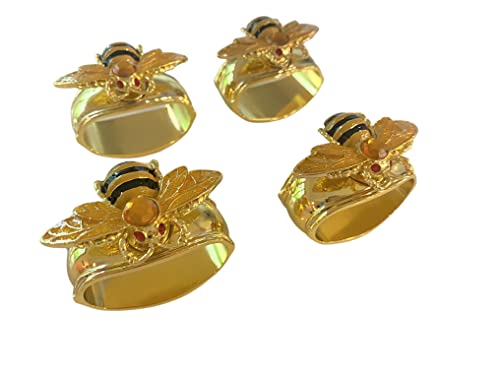 Hans Turnwald Set 4 Bee Bumblebee Enamel Crystal Signed Gold Plated Napkin Rings