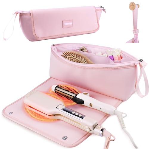 Hair Tools Travel Bag with Heat Resistant Mat for Curling Iron, Flat Irons, Straighteners and Hair care Accessories, 2-in-1 Design Hot Hair Tools Organizer Bag Travel Essentials for Women - Pink