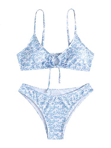 SOLY HUX Women's Floral Print Tie Front Bikini Bathing Suit 2 Piece Swimsuits Blue White S