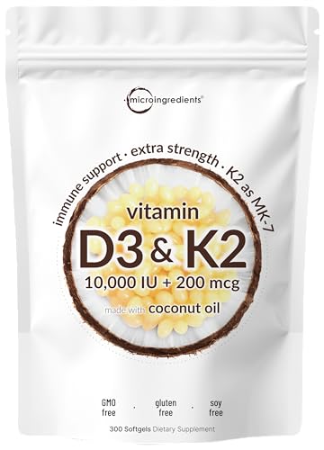 Vitamin D3 10000 iu Plus K2 (MK-7) 200 mcg, 300 Virgin Coconut Oil Softgels| 2 in 1 Vitamins D & K Complex | Supports Calcium Absorption, Bone, Immune, & Heart Health – Easy to Swallow