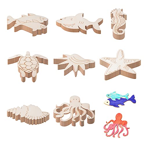 48PCS Unfinished Wood Ocean Animal Cutouts for Kids,Wooden Painting Bulk Crafts for Kids to Paint,Sea Animal Life Cutouts for Home Decoration DIY Crafts