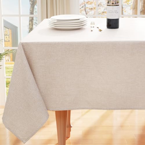 smiry Rectangle Faux Linen Table Cloth, Waterproof Wipeable Fabric Tablecloth, Washable Decorative Farmhouse Table Covers for Kitchen, Dining, Parties, 52x70, Beige