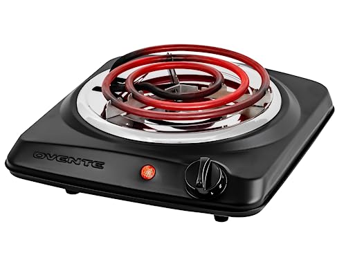 OVENTE Electric Countertop Single Burner, 1000W Cooktop with 6' Stainless Steel Coil Hot Plate, 5 Level Temperature Control, Indicator Light, Compact Cooking Stove and Easy to Clean, Black BGC101B