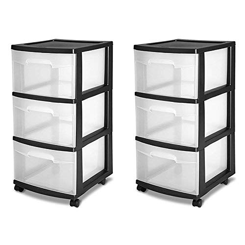 Sterilite 3 Drawer Storage Cart, Plastic Rolling Cart with Wheels to Organize Clothes in Bedroom, Closet, Black with Clear Drawers, 2-Pack
