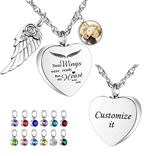 Dletay Engraving Heart Urn Necklace for Ashes with 12 Birthstones Cremation Jewelry for Ashes Customized Memorial Necklace