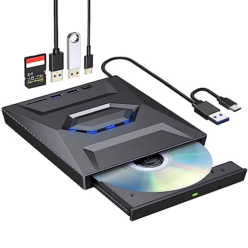 ROOFULL External CD/DVD Drive USB 3.0 Type-C Portable CD DVD Player Burner Writer CD/DVD-ROM +/-RW Disc Drive with USB Hub and SD Card Reader for Laptop PC Mac Windows 11/10/8/7 Linux Computer
