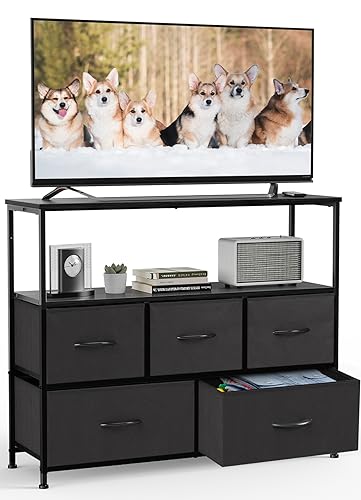 DUMOS TV Stand Dresser for Bedroom Entertainment Center with 5 Fabric Drawers Storage Organizers Units, Media Console Table with Open Shelf up for 45' Television for Living Room, Dorm, Black
