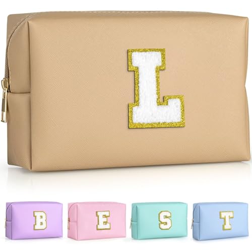 TOPEAST Personalized Birthday Gifts for Women, Preppy Patch Makeup Bag, Chenille Letter Pouch Cosmetic Bag, Travel Organizer, Christmas Gifts for Friends, Cute Stuff For Teen Girls (Khaki L)