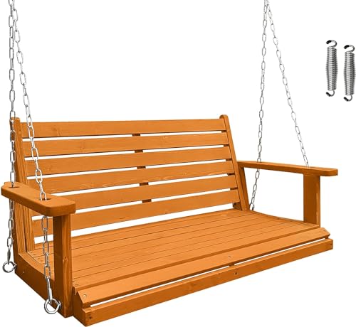Wooden Porch Swing, Ergonomic Seat, Bench Swing with Hanging Chains and 7mm Springs, Heavy Duty 800 LBS, for Outdoor Patio Garden Yard (Amber Tone, 2-Seater)