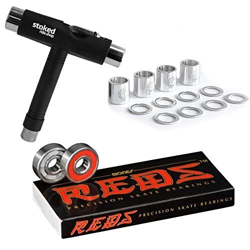 Bones Reds Bearings for [Skateboards, Longboards, Scooters, Spinners] (8 Pack (w/Dragon Spacers, Washers & Stoked Tool))