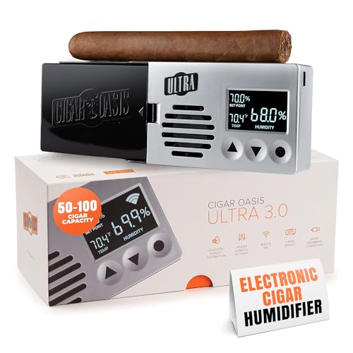 Cigar Oasis Ultra 3.0 Electronic Humidifier for Humidor - LCD Humidity And Temperature Display - Efficient Sensor Controlled Fan - Soft-Touch Button - 50-100 Cigar Capacity