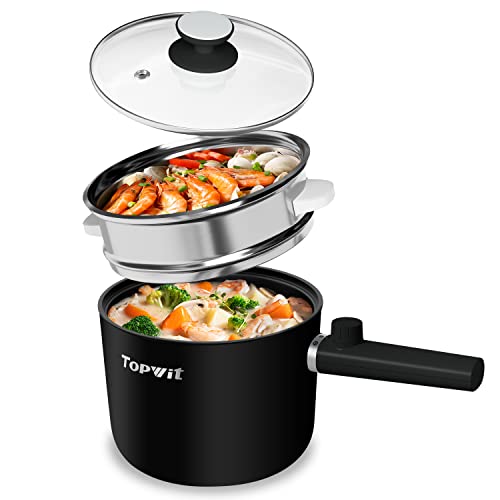 Topwit Hot Pot Electric with Steamer, 1.5L Ramen Cooker, Non-Stick Frying Pan, Electric Pot for Pasta, BPA Free, Electric Cooker with Dual Power Control, Over-Heating & Boil Dry Protection, Black