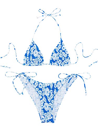 MakeMeChic Women's Halter Tie Side Triangle Bikini Set high Cut 2 Piece Bikini Swimsuit Bathing Suit A-Blue M