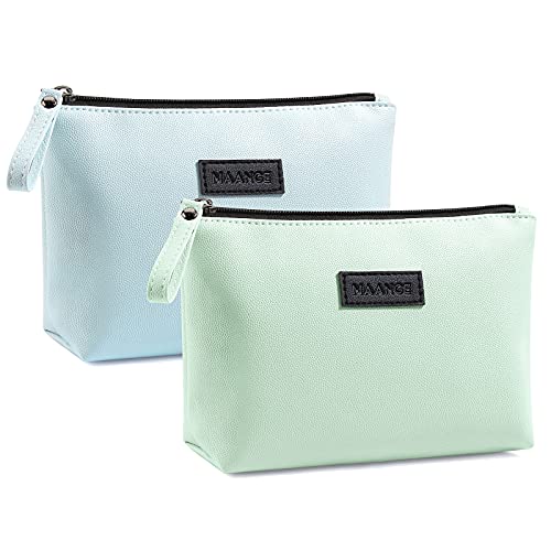 Cosmetic Bags for Women 2 Pcs Small Makeup Bag with Zipper Pu Leather Makeup Pouch Makeup Bag for Purse Make Up Bag for Travelling (Green+Blue)