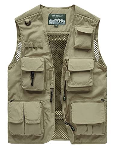 Yimoon Men’s Utility Vest Fishing Travel Safari Photo Cargo Vest Outdoor Work Mesh Vest with Pockets Sleeveless Jacket(Khaki-XL)