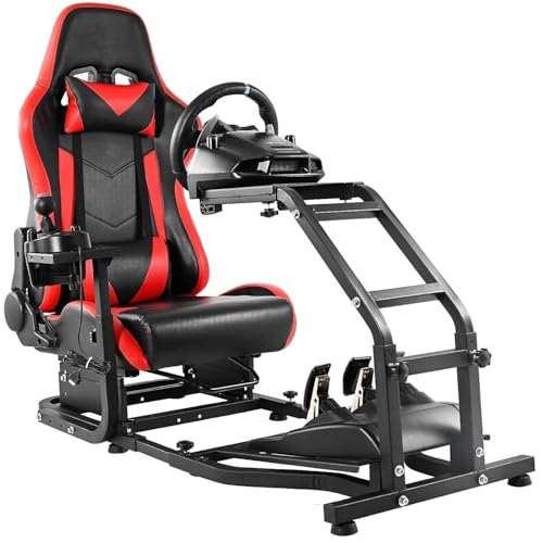 Steering Wheel Stand Racing Cockpit with Red Seat Unobstructed Design for Both Legs Fit for Logitech/Thrustmaster G29,G920,G923,G25&T300RS,T80,T150 Adjustable No Steering Wheel, Handbrake, Pedals