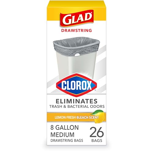 Glad Trash Bags, Medium Drawstring Garbage Bags with Clorox, 8 Gallon, Lemon Fresh Bleach Scent, 26 Count