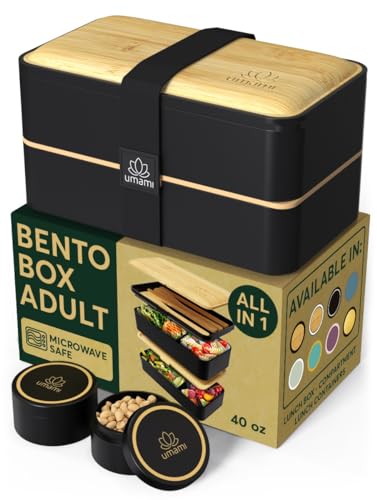 Umami Bento Box Adult All-In-1 w/ 4 Utensils,100% Leakproof, Microwave & Dishwasher Safe Lunch Containers for Adults 2 Sauce Jars, 4 Compartments, Bento Lunch Box Containers w/Premium Real Bamboo Lid