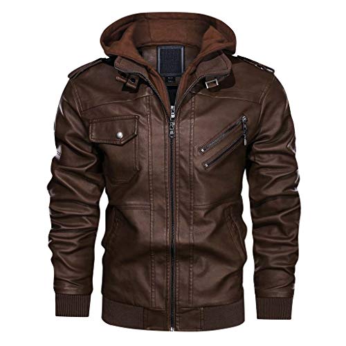 CRYSULLY Men's Fashion Casual Outwear Faux Leather Jackets Waterproof Motorcycle Jacket Brown