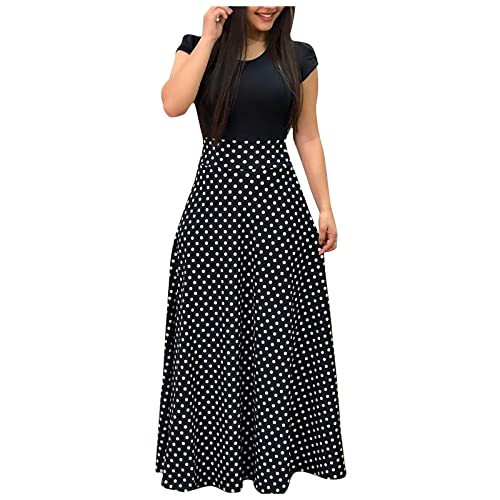 Spring Dresses for Women 2024 Short Sleeve Polka Dot Maxi Empire Waist Long Dress Fashion Casual Summer Beach Sun Boho Plus Size Dresses Clothes Outfits Vestidos Casuales para Mujer Black L