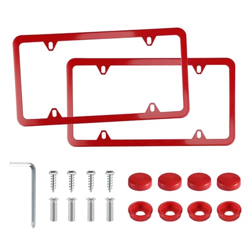 LivTee 4 Holes Stainless Steel License Plate Frames, 2 PCS Car Licence Plate Covers, Automotive Exterior Accessories Slim Design with Bolts Washer Caps for US Vehicles, Red