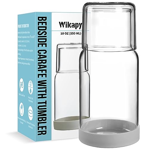 Wikapy Bedside Water Carafe and Glass Set, Night Bedside Carafe with Silicone Coaster, Water Carafe with Glass Cup for Nightstand Bedroom, Lead-free and Clear Mouthwash Dispenser for Bathroom, 18 OZ