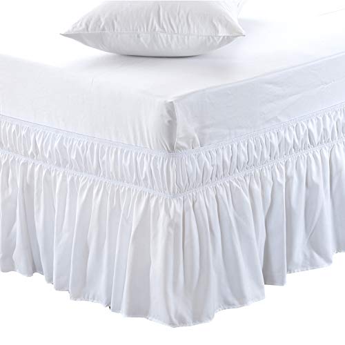 MEILA Wrap Around Bed Skirt Three Fabric Sides Elastic Dust Ruffled 16 Inch Tailored Drop,Easy to Install Fade Resistant-White, Queen/King