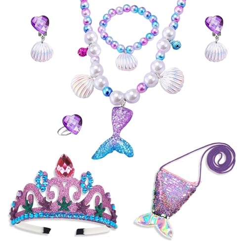 FUMY Princess Mermaid Accessories for Girls Kids 6 Pack Necklace Earrings Bracelet Ring Crown Bag Kit Mermaid Dress Up Halloween Cosplay Christmas Gifts