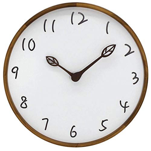 AROMUSTIME 12 Inches Round Wood Wall Clock with Hollow Arabic Numerals, Whisper Quiet, Wood Leaf Pointer&No Glass Cover, for Office Kitchen Bedroom Classroom&Living Room, Brown