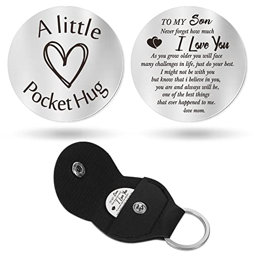 Pocket Hug Token Long Distance Relationship Keepsake Stainless Steel Double Sided Inspirational Gift with PU Leather Keychain (To My Son)