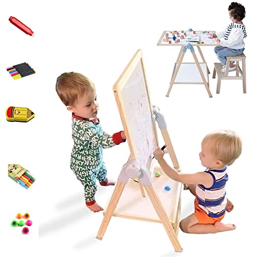 QZMTOY Kids Art Easel, Deluxe Standing Easel Set, Adjustable Art Table, Dry Erase Board&Chalkboard Double Sided Stand, 360°Rotating Drawing Easels with Art Supplies, Adjust Height 28-39in