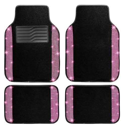 NBTEPEM Pink Bling Car Floor Mats Full Set, Universal Fit Most Cars,SUV, Trucks, 4 pcs Sparkle Glitter Diamond Carpet for Women Girls with Anti-Slip Pad (Pink Diamond)