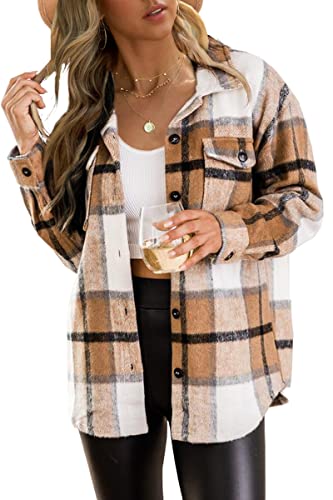 Oversized Womens Casual Plaid Shacket Wool Blend Button Down Long Sleeve Shirts Fall Jacket Shackets Plus Size Apricot