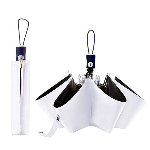 DBA FDJASGY UV Sun Umbrella Compact Folding Travel Umbrella Auto Open and Close for Windproof, Rainproof & 99.9% UV Protection Parasol with Black Anti-UV Coating (White)