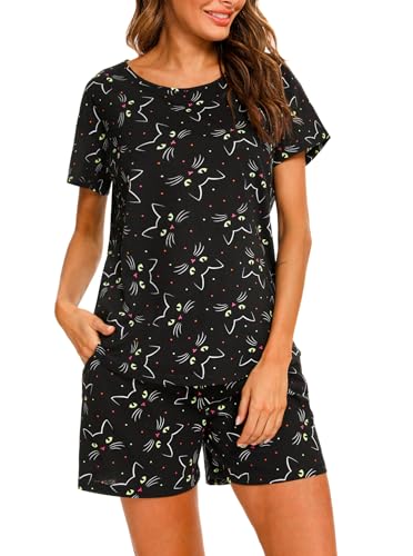 ENJOYNIGHT Women's Cute Sleepwear Print Tee and Shorts Pajama Set (XX-Large, Black Cat)