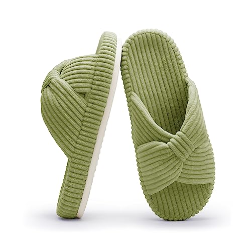 Chantomoo Slippers for Women Memory Foam House Bedroom Corduroy Bow Crossbands Slide Slipper Shoes Comfy Trendy Gift Slippers Avocado Green Size7 8 6.5