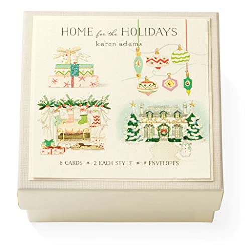 Karen Adams Home for the Holidays Christmas Holiday Gift Enclosure Box of 8 Assorted Cards with Envelopes Natural White