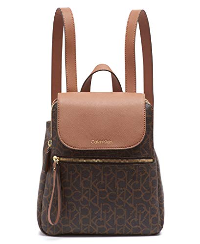 Calvin Klein womens Elaine Signature Key Item Flap Backpack, Brown/khaki/luggage saffiano, One Size