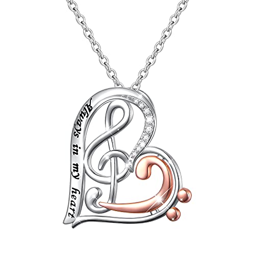 Two Tone 925 Sterling Silver Treble Clef Bass Heart Musical Note Engraved Always in my heart Pendant Necklace Gift for Women Music Lover 18+2 inches