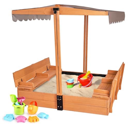 Aivituvin Kids Sand Boxes with Canopy Sandboxes with Covers Foldable Bench Seats, Children Outdoor Wooden Playset - Upgrade Retractable Roof (47x47Inch)