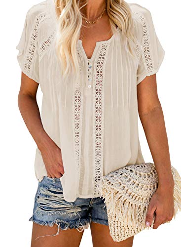 Dokotoo Womens Ladies 2024 Spring Summer Sexy Lace V Neck Eyelet Short Sleeve Boho Shirts Casual Loose Solid Chiffon Blouses for Women Tops Apricot X-Large