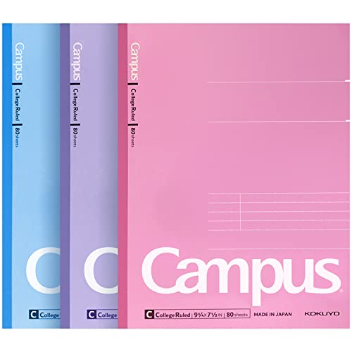 KOKUYO Campus Notebook, 9-3/4“ x 7-1/2”, College Ruled, 80 Sheets (160 pages), Bleed Resistant, Pack of 3 Colors - Pink, Blue, Lavender, Made in Japan (WSG-NO-308CG1×3)