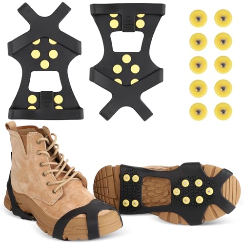 Carryown Ice Cleats for Boots Shoes, Ice Shoe Grips Anti Slip for Men Women, Rubber Snow Cleats, Spikes Crampons for Hiking Boots and Shoes + 10 Extra Replacement Studs (S, M, L, XL)