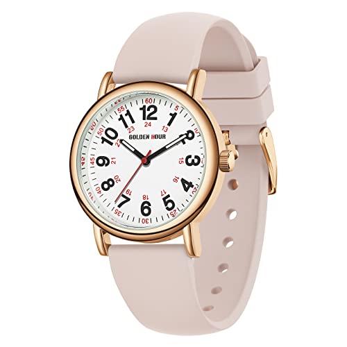 GOLDEN HOUR Waterproof Nurse Watch for Medical Professionals, Students Women Men - Military Time Luminouse Easy Read Dial, 24 Hour with Second Hand, Colorful Silicone Band in Rose Gold Champagne