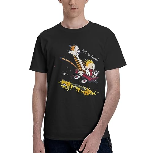 Calvin Comic and Hobbes Youth Men's Tshirt Short Sleeve Tops Loose Soft Cycling Designed Teenagers Large Black
