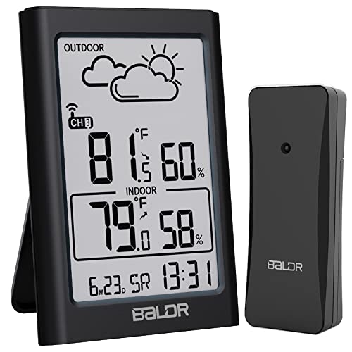 BALDR Indoor Outdoor Thermometer Wireless Temperature Humidity Gauge Monitor Room Thermometer with Weather Forecast 326ft/100m（Black with Orange Backlight）