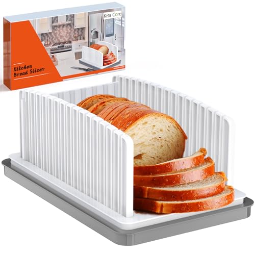 Kiss Core New Upgrade Bread Slicer for Homemade Bread, Bread Slicing Guide Adjustable Width, Foldable and Compact Cutting Guide with Crumb Tray, Suitability for Homemade Bread, Bagels, Cakes.