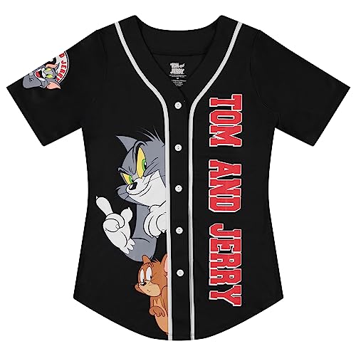 Tom and Jerry Ladies Shirt - Ladies Classic Cartoon Mesh Button Down Baseball Jersey - Hanna Barbera Mesh Jersey (Black White, X-Large)