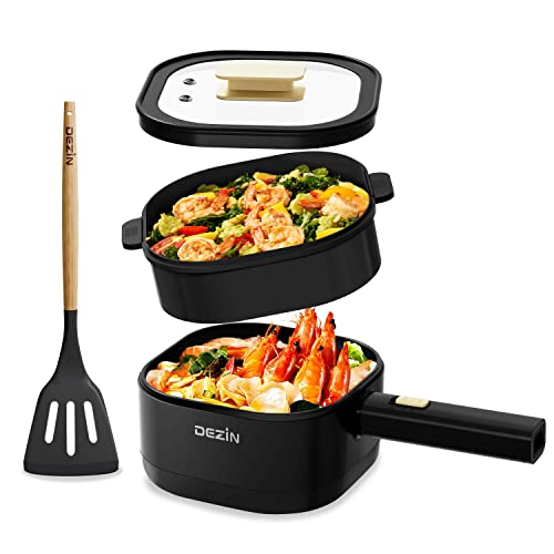 Dezin Hot Pot Electric with Steamer, 2L Non-Stick Ceramic Coating Electric Pot, Multifunction Cooker for Ramen, Portable Hot Pot with Power Control for Dorm, Office, Travel (Silicone Spatula Included)